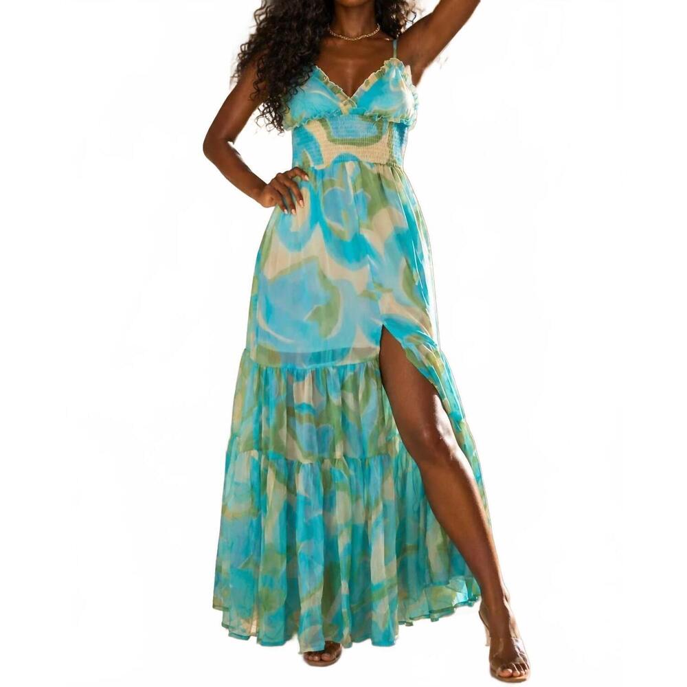 NEW SURELYMINE tropical tide printed maxi dress in teal